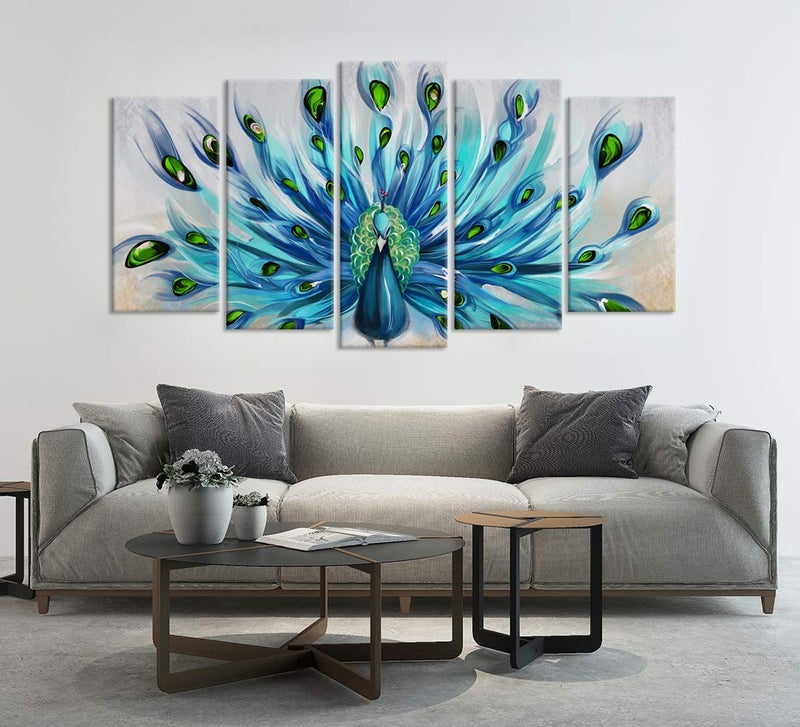Zlove Peacock Canvas Wall Art Elegant Peacock Wall Decor Teal and Blue Animal Picture Prints for Living Room Bedroom Decor, 5Pcs - Image 3